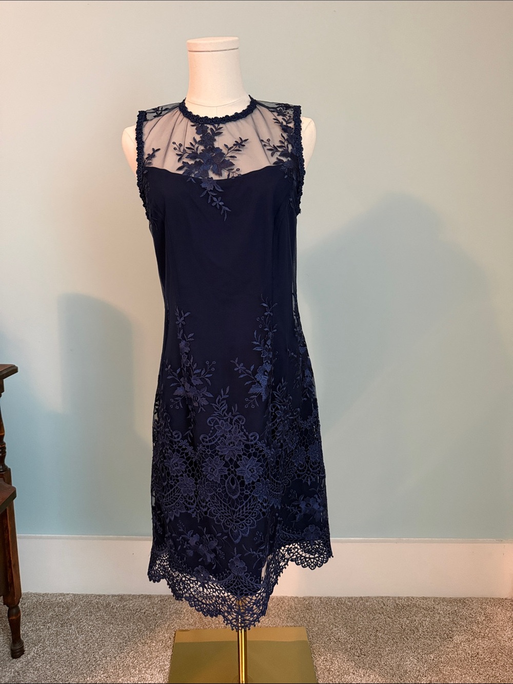 Nanette Lepore Navy Sheer Yoke Lace Midi Dress